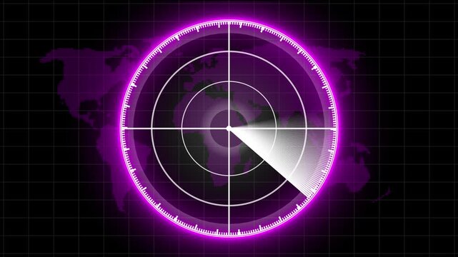 Glowing neon cyan radar screen. Abstract Hud call Purple Rader concept. Radar point dictated to the enemy position. Digital realistic Technology radar animation.detect the position