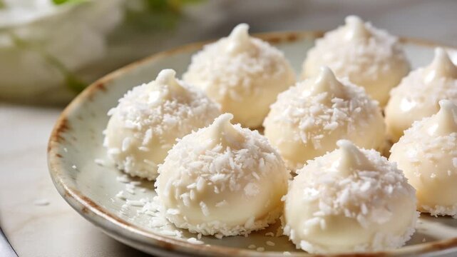 close-up of small round beijinhos de amor pastries with lemon sugar icing on a lace doily video
