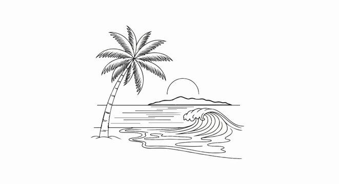 Sketch of a palm tree on a beach with a breaking wave