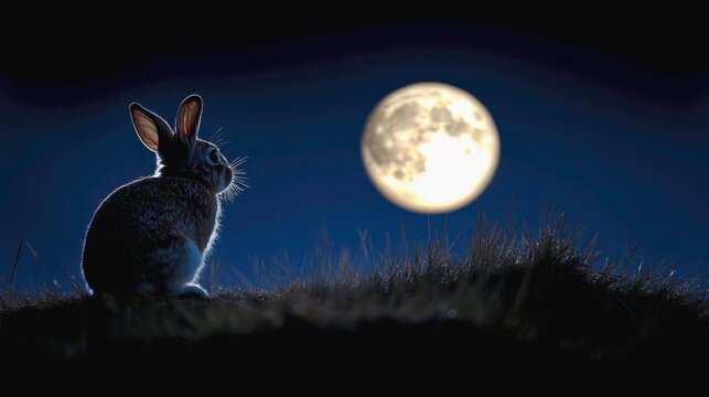 sharp silhouette of a wild rabbit sitting up on its haunches, looking at the moon