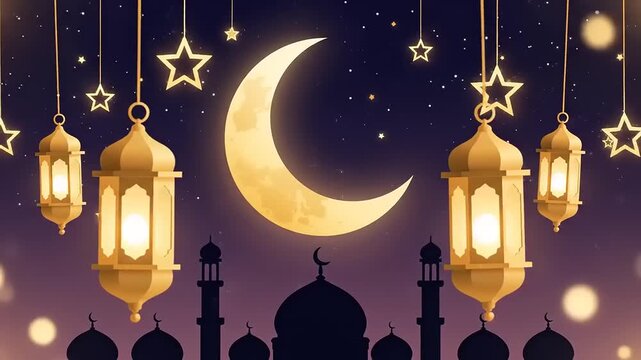 Crescent Moon Night with Lanterns and Stars.