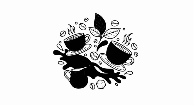 Steaming coffee cups, beans, and leaves in a circular splash design