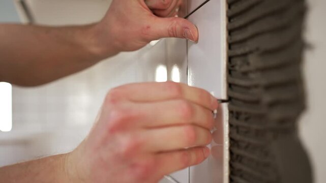 Skilled construction worker carefully placing white ceramic tiles on a kitchen wall, inserting plastic spacers between them to create even gaps for the grout during home renovation