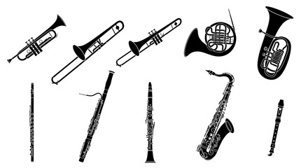 Obraz premium Collection of Black and White Silhouettes of Musical Instruments