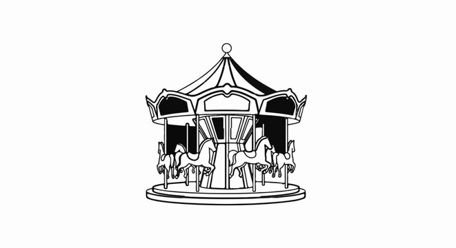 Stylized black and white illustration of a classic carousel with horses