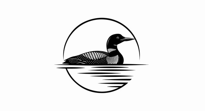 Stylized black and white loon swimming in water, inside a circle