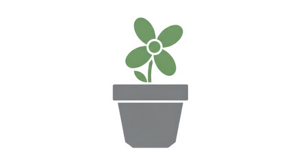 Fototapeta premium A simple green plant with four petals in a gray pot, depicted as a flat graphic icon. isolated PNG with Transparent Background
