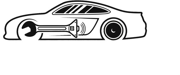 Obraz premium Stylized car outline with wrench, sound waves, and tire
