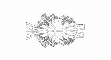 Stylized black and white sketch of rugged mountains reflected in calm water