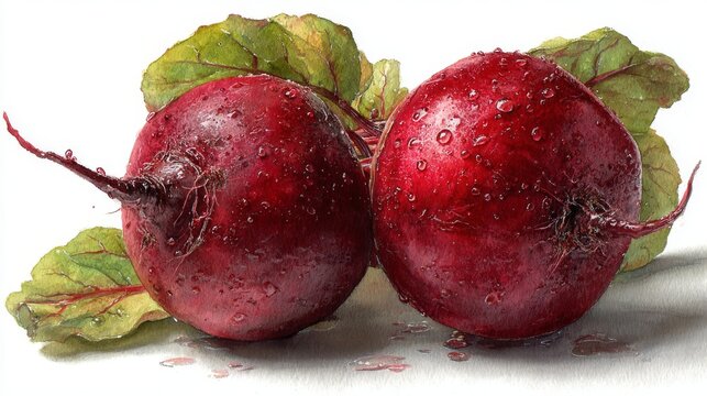 Cheerful watercolor clipart showcases a happy beet with abundant leafy greens, set on a clean white backdrop and enhanced by a stylized botanical motif