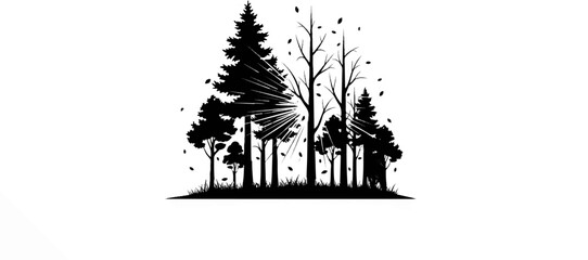 Fototapeta premium Stylized forest silhouette with sunburst and falling leaves