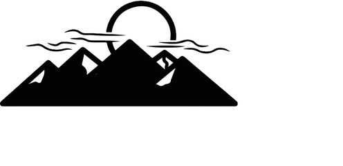 Stylized black silhouette of a mountain range under a setting sun with wavy lines