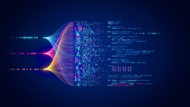 Artificial intelligence neural network generating python code, AI agent programming and data flow technology concept. System architecture. App development.
