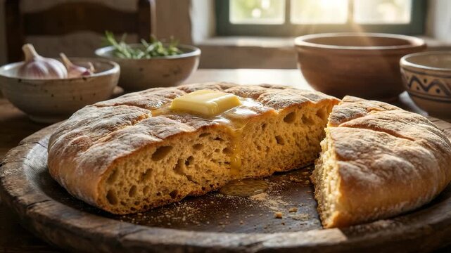 sliced bolo do caco showing the soft interior and charred circular crust video