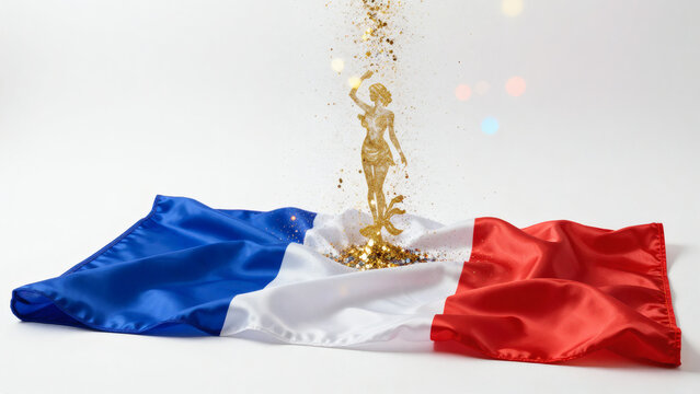 Drapeau Fran&ccedil;ais et paillettes dor&eacute;es formant Marianne. 
Isol&eacute; sur fond blanc. Symbole de f&eacute;minit&eacute;, de libert&eacute;, de patriotisme. 