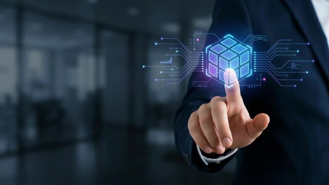 AI driven digital marketing campaign workflow automation with customer CRM technology interface showcasing futuristic business office concept and innovative cube hologram interaction