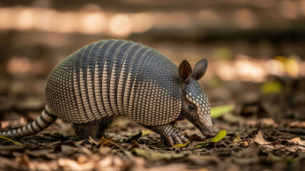 Obraz premium Armadillo foraging in forest with protective shell and detailed texture