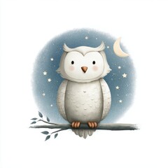 Obraz premium In a whimsical watercolor illustration, a chibi cartoon owl sits on a branch against a starry night sky and a crescent moon, its delicate, soft appearance merging with the atmosphere