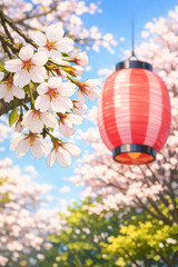 桜と赤い提灯の春祭り