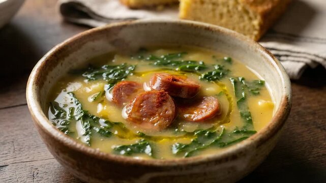 caldo verde popular traditional portuguese soup served in a rustic ceramic bowl orbit video
