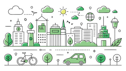 Green Smart City Skyline with Electric Car &ndash; Sustainable Urban Vector Illustration