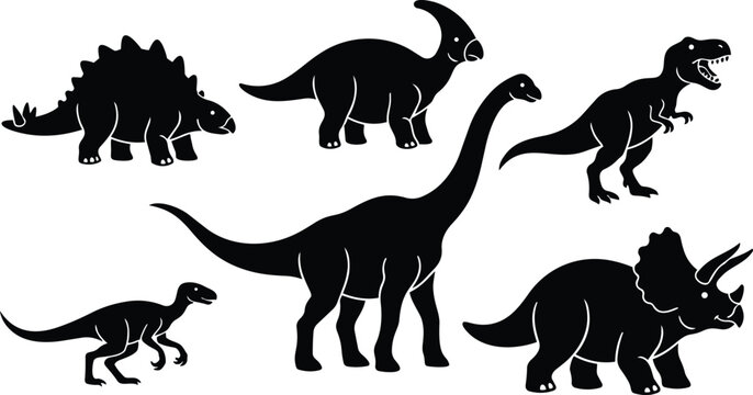 Flat silhouette vector set of six dinosaurs including brontosaurus tyrannosaurus triceratops stegosaurus parasaurolophus and raptor in black side view simple