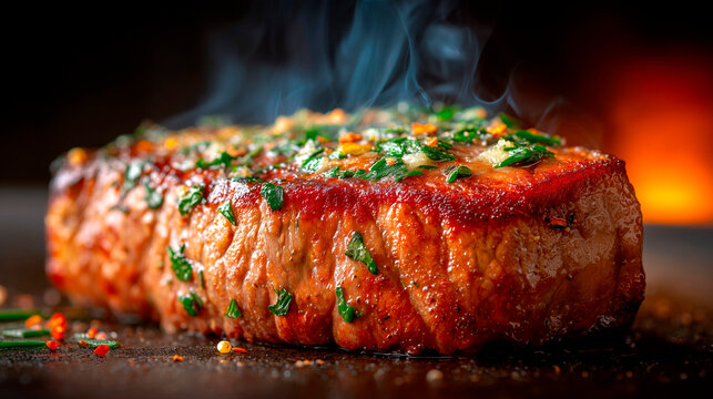 Juicy grilled beef steak with herbs and garlic, sizzling hot meat on dark background with steam, gourmet barbecue closeup, macro food photography