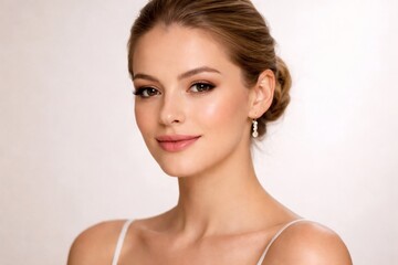 Fototapeta premium Portrait of a young woman with natural makeup, clean skin, and neutral background, suitable for beauty, skincare, and cosmetic concepts.