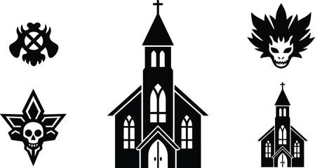Flat design close up black church icon with tall steeple and cross and skull emblem horror themed layout vector silhouette