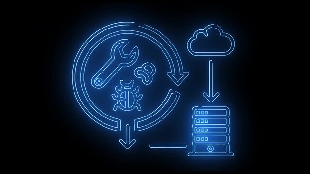 Neon-lit illustration of a server with a cloud, gears, and tools in a circular process on a black background with blue glowing lines and arrows.