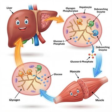 Simplified Glycogen Metabolism Pathway Showing Glucose Storage and Energy Release in Liver and Muscle Organs with Enzymes