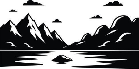 Obraz premium Flat design black and white mountain range and lake landscape vector with low angle view distant peaks calm water reflection