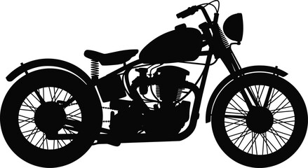 Classic vintage motorcycle silhouette with retro chopper style and detailed wheels isolated on white background for transport logo, custom bike branding and motorbike design © Moklesur