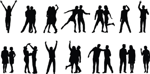Fototapeta premium Collection of people silhouettes interacting, celebrating and socializing isolated on white background, men and women at party, teamwork, friendship and community concept