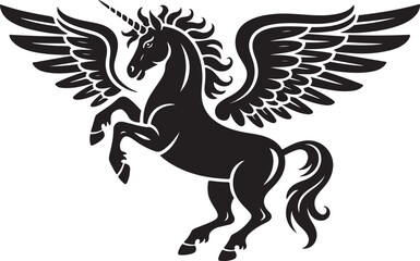 Fototapeta premium Winged unicorn pegasus silhouette, mythical creature rearing up with spread wings, black on transparent background