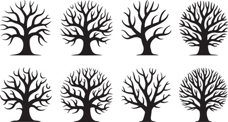 Obraz premium Set of eight black silhouette bare trees with intricate branches, isolated on transparent background for autumn or winter