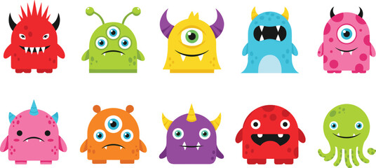 Obraz premium Cute cartoon little monster collection featuring colorful funny alien characters with horns and multiple eyes isolated on white background for kids.