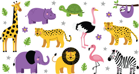 Naklejka premium Cute cartoon african safari animal collection featuring giraffe, hippo, elephant, lion, zebra, leopard, ostrich, flamingo, and sloth characters isolated on white.