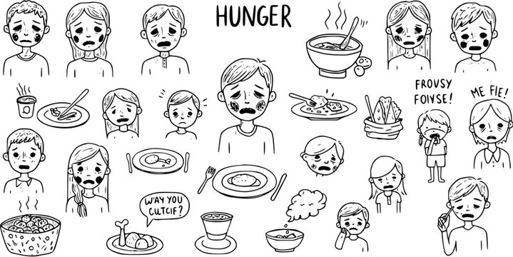 Vector illustration of sad hungry children, empty plates, and the word 'HUNGER' symbolizing global food insecurity and poverty.