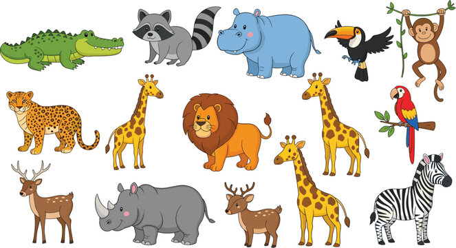 Large collection of cute cartoon african safari and jungle animals including lion giraffe zebra crocodile hippo leopard monkey and rhino isolated on white.