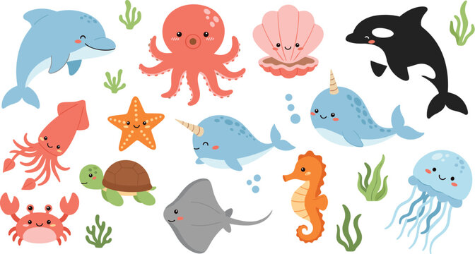 Cute cartoon sea animal collection featuring dolphin octopus whale shark turtle seahorse and jellyfish characters isolated on white background for kids.