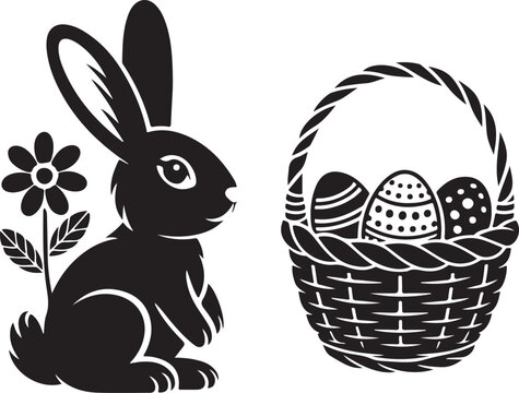 Cute easter rabbit silhouette vector illustration showing bunny standing beside flower and egg basket