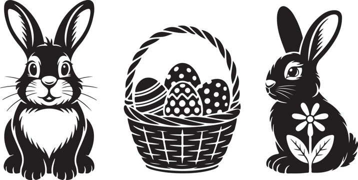Easter bunny silhouette vector illustration featuring cute rabbits with wicker basket and egg icons