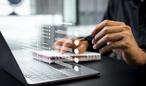 Businessman reviewed procedures and processes through a virtual online document with checkboxes, reviewing compliance with company policies, regulations, and terms and conditions.