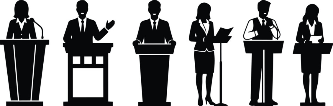 Flat design row of six podium speakers silhouettes business people giving speeches presenting at conference lectern low angle professional formal