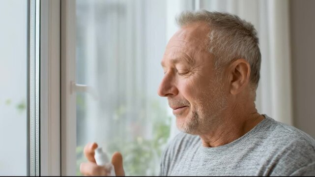 Senior man using nasal spray treating allergy