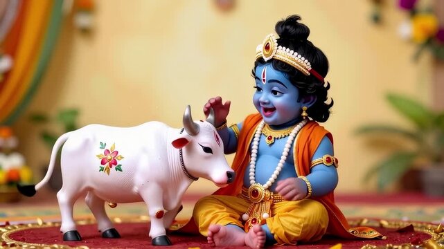 Adorable idol of baby Krishna with blue skin and traditional attire, joyfully interacting with a small white calf statue on a decorated mat.