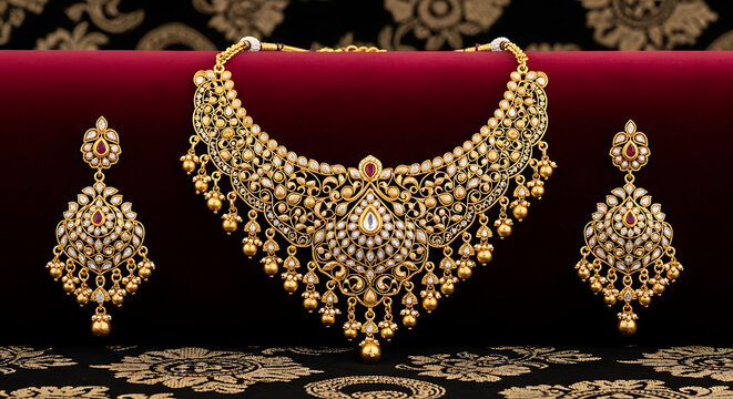 Exquisite Indian Bridal Gold Necklace and Earrings Set with Rubies and Kundan Stones