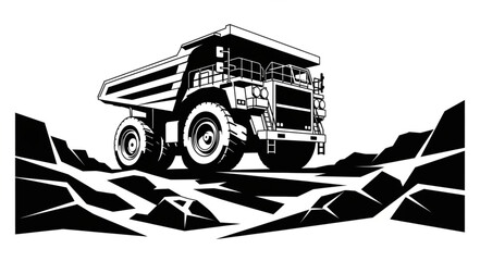Black and white illustration of a mining dump truck on rugged terrain. © Budd