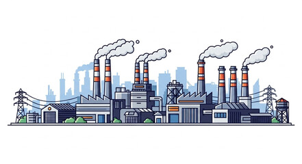 Industrial factory with smoking chimneys and city skyline background. © Fitri